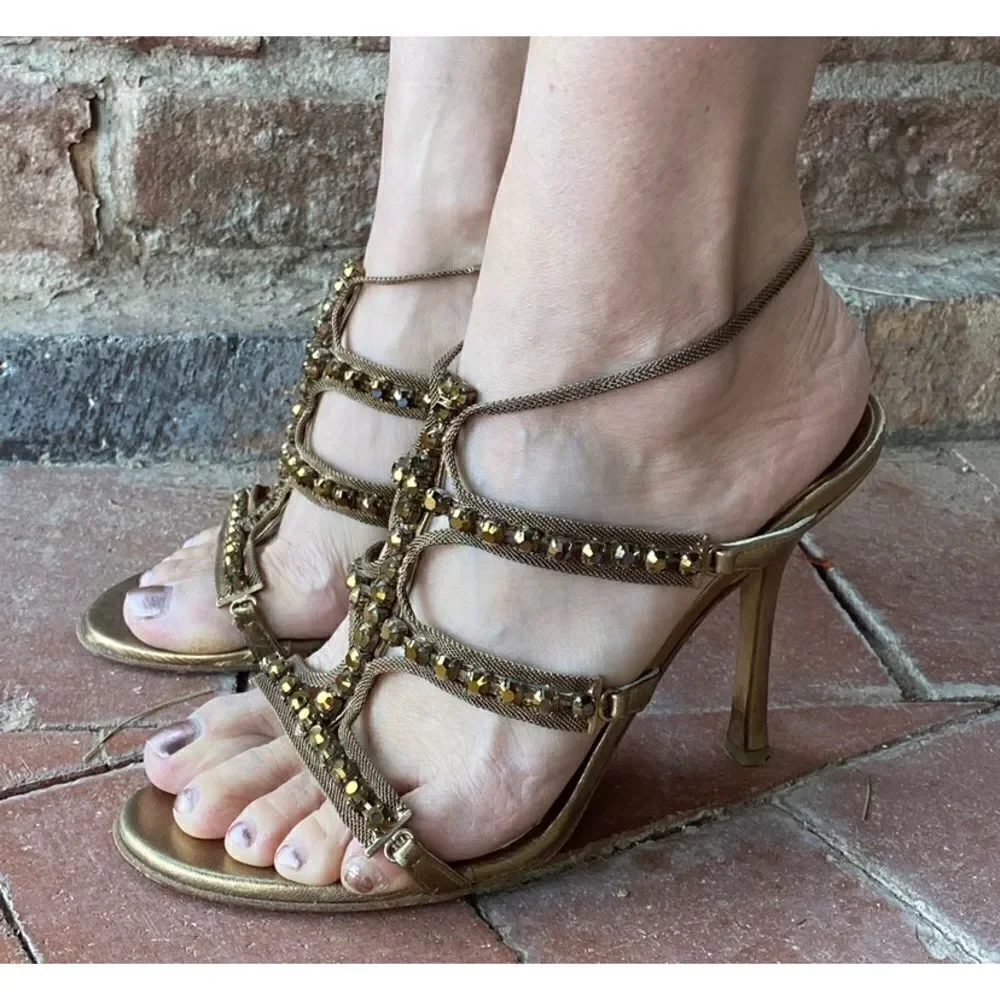 Jimmy Choo Gold Metallic Leather And Jewel Embellished Strappy Sandals - Picture 5 of 12